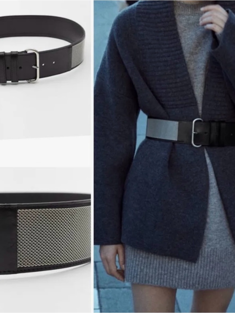 Zara cow leather Black Belt with Silver Mesh Accent size L